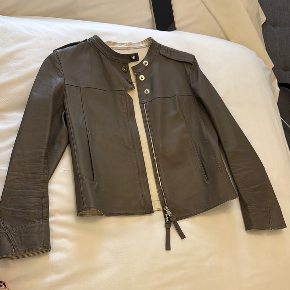 Brown Leather Moto Jacket with Cream Zipper